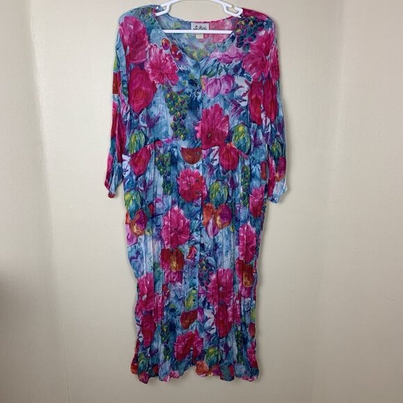 Vintage 2 Rare Womens 2X Dress Colorful Flowy Floral Abstract Maxi 80s Crinkle - Picture 3 of 16